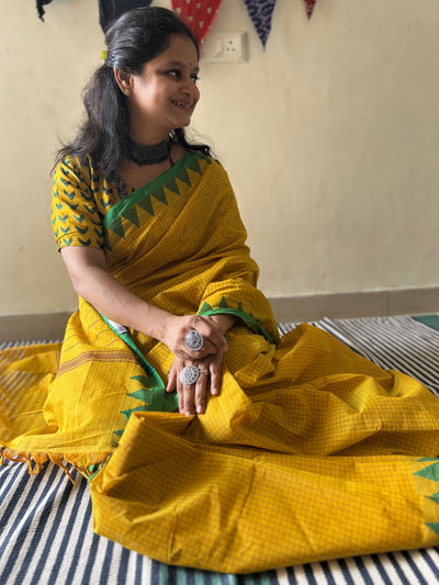 SAURABHI: HALDI,KANCHIPURAM PURE COTTON SAREE WITH BORDERS.