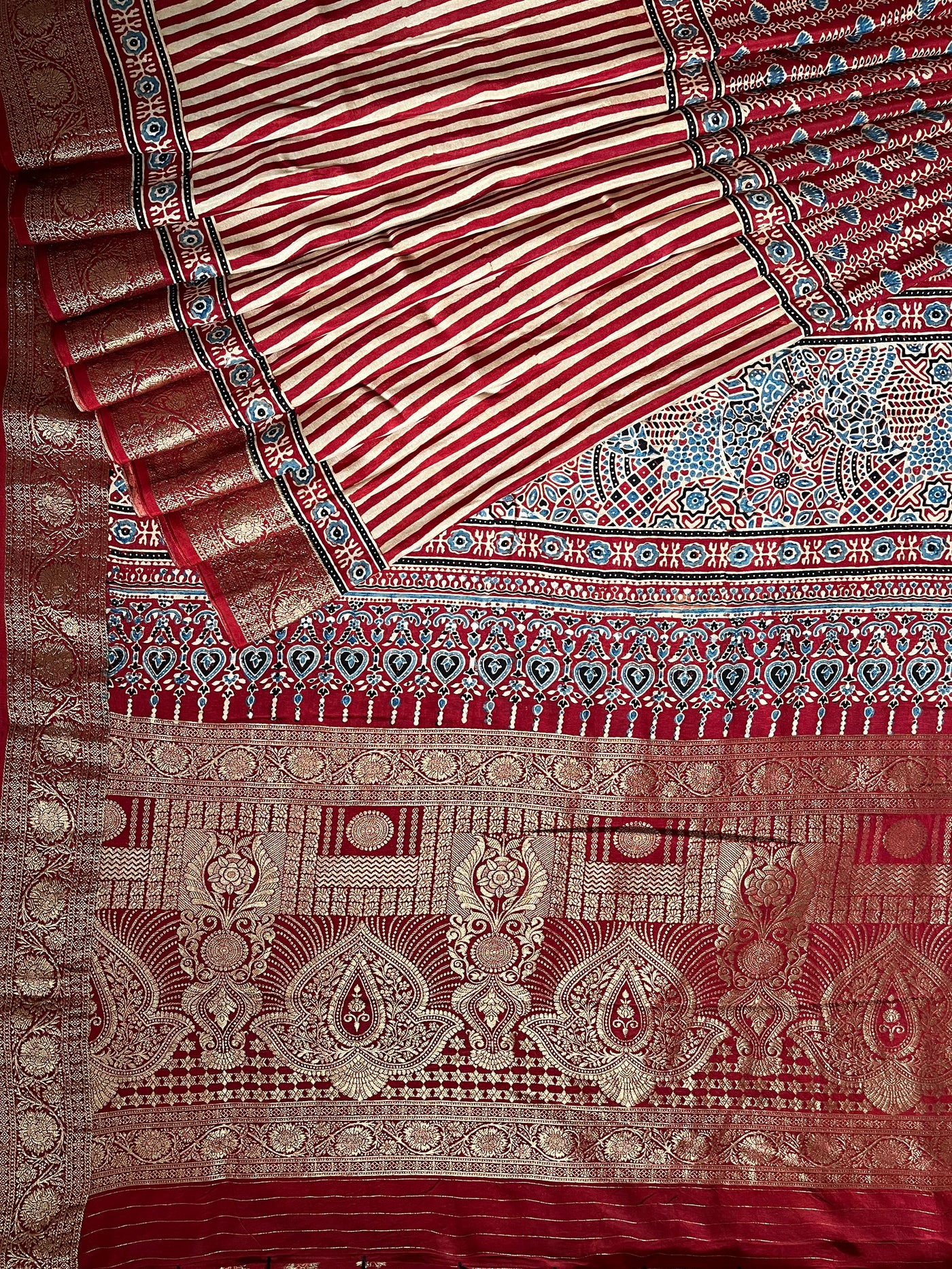 SMIRITI:Handblock Ajrakh Dola Silk Saree with Meenakari Pallu