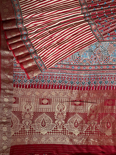 SMIRITI:Handblock Ajrakh Dola Silk Saree with Meenakari Pallu