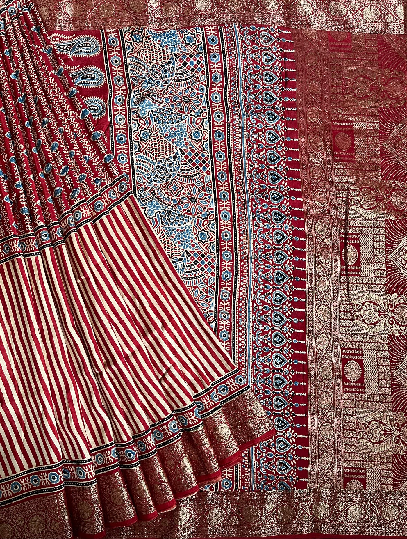 SMIRITI:Handblock Ajrakh Dola Silk Saree with Meenakari Pallu