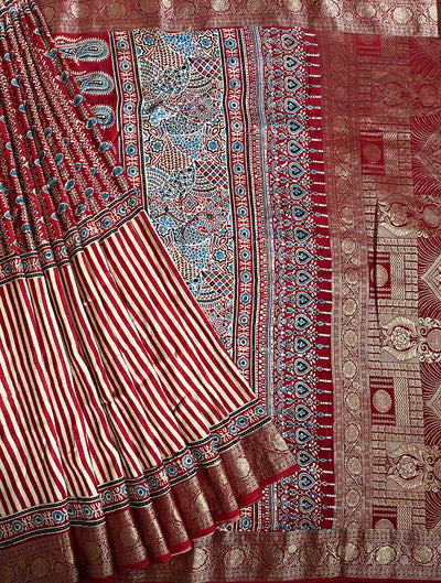 SMIRITI:Handblock Ajrakh Dola Silk Saree with Meenakari Pallu