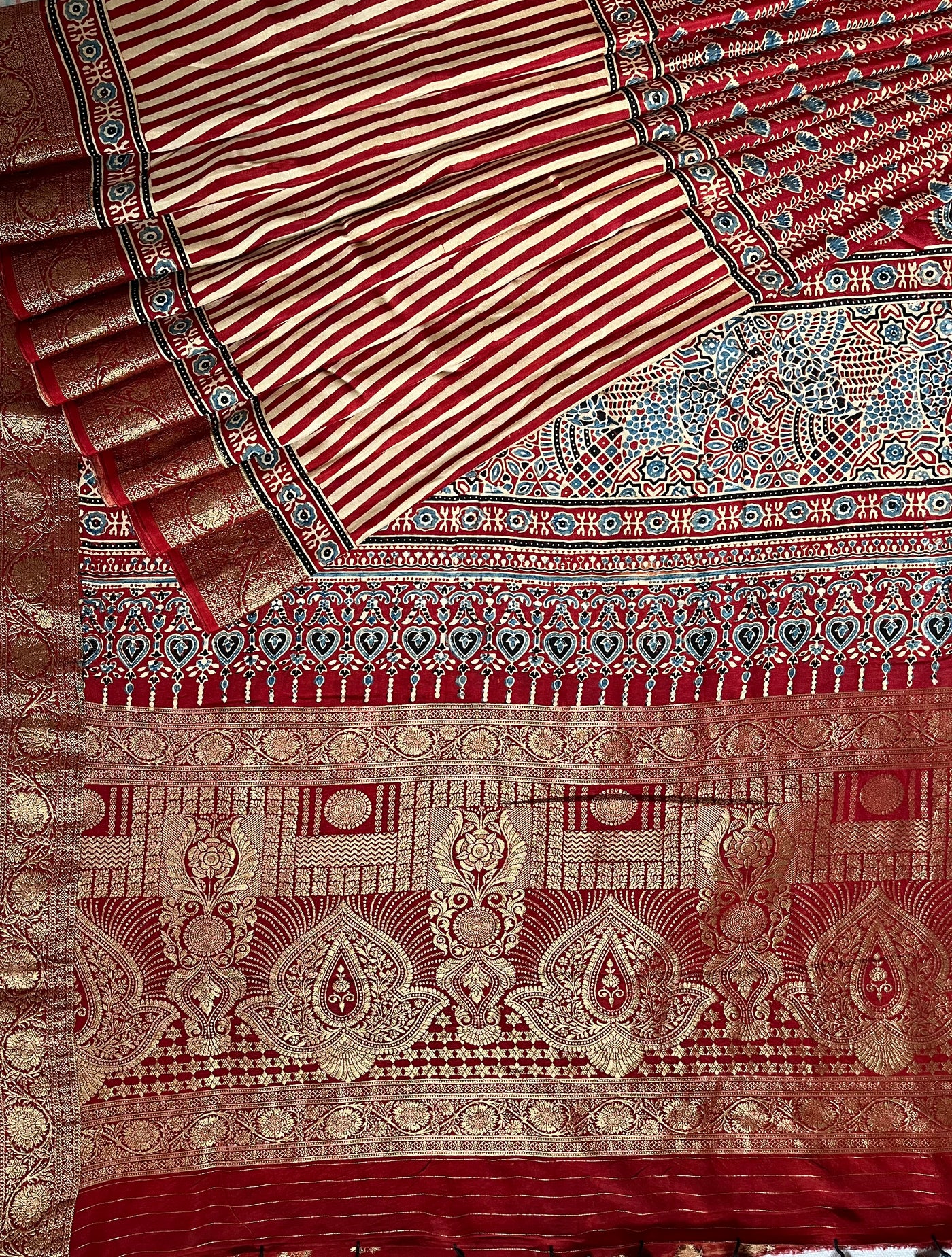 SMIRITI:Handblock Ajrakh Dola Silk Saree with Meenakari Pallu