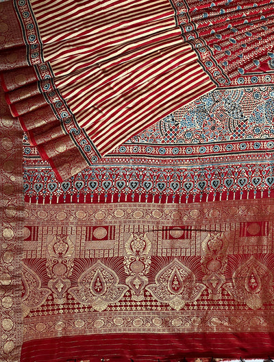 SMIRITI:Handblock Ajrakh Dola Silk Saree with Meenakari Pallu