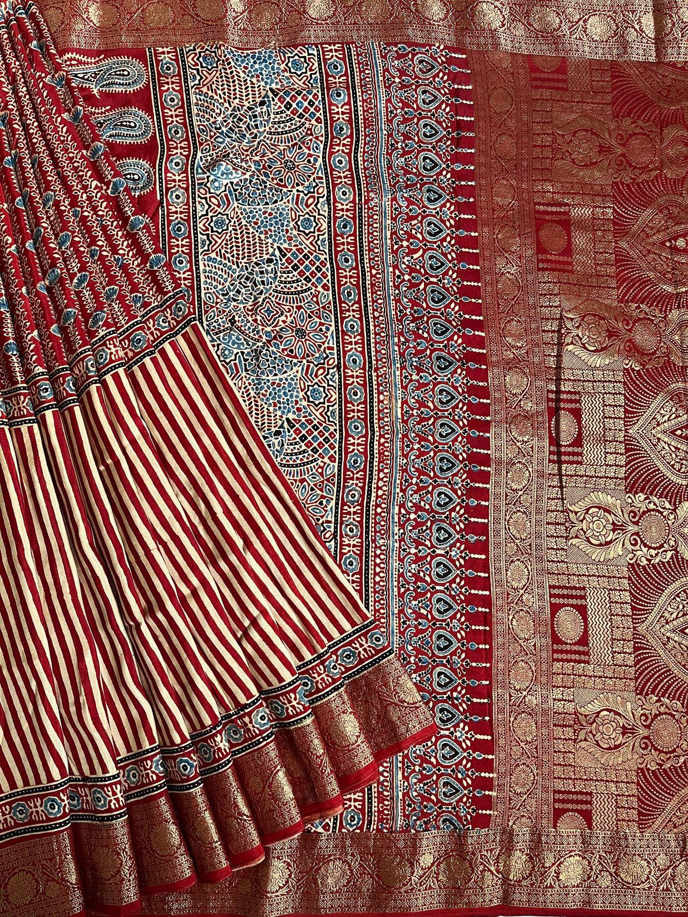 SMIRITI:Handblock Ajrakh Dola Silk Saree with Meenakari Pallu