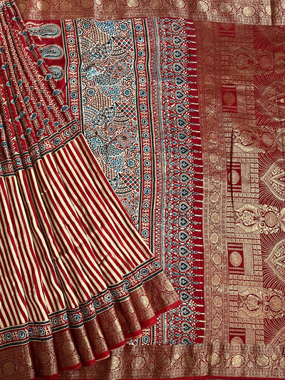 SMIRITI:Handblock Ajrakh Dola Silk Saree with Meenakari Pallu