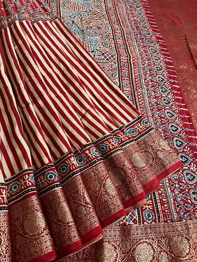 SMIRITI:Handblock Ajrakh Dola Silk Saree with Meenakari Pallu