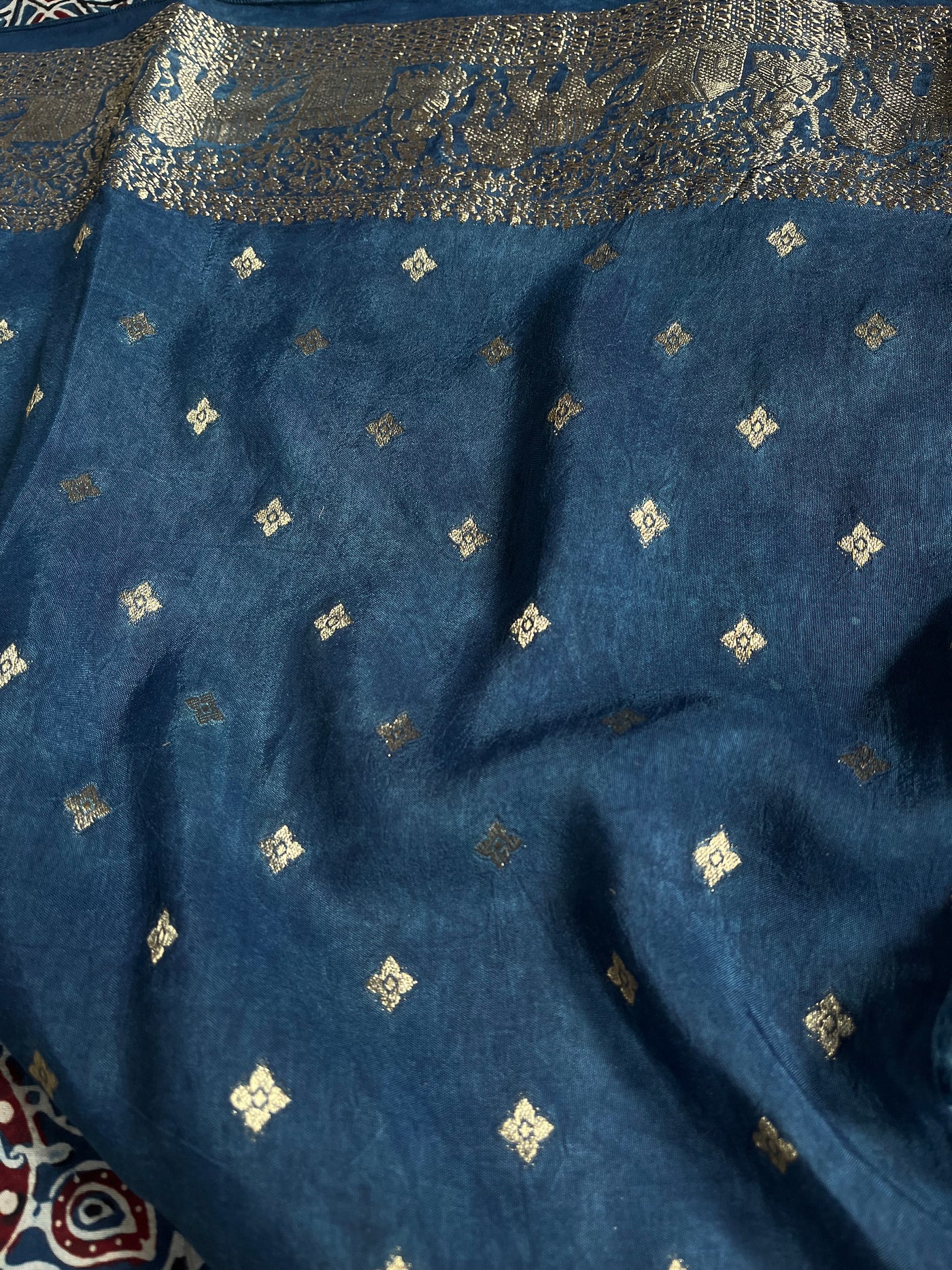 TWINKLE: Handblock Ajrakh Dola Silk Saree with Meenakari Pallu