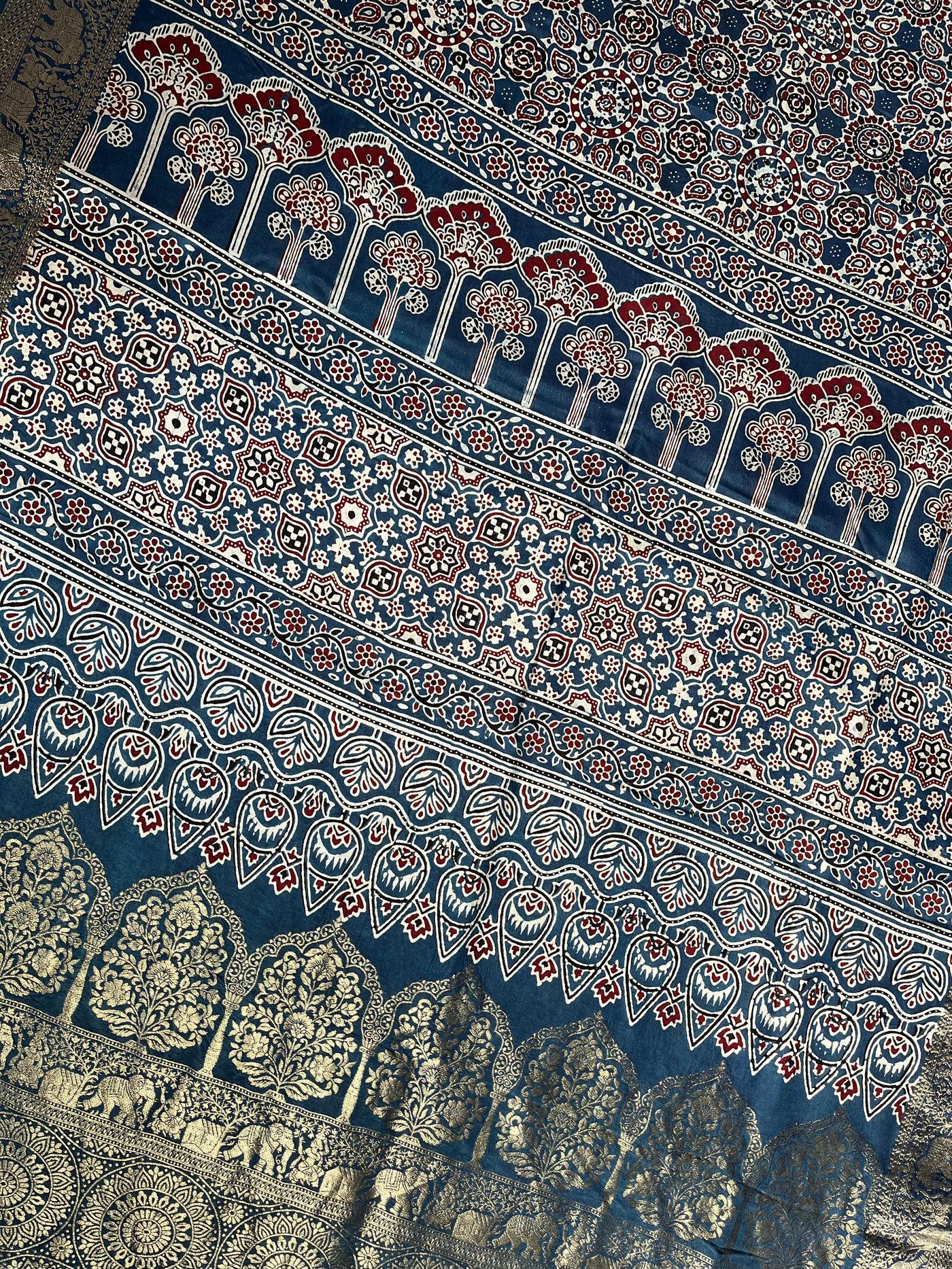 TWINKLE: Handblock Ajrakh Dola Silk Saree with Meenakari Pallu