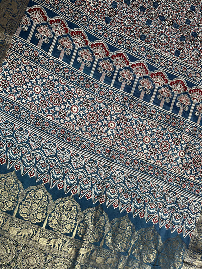 TWINKLE: Handblock Ajrakh Dola Silk Saree with Meenakari Pallu