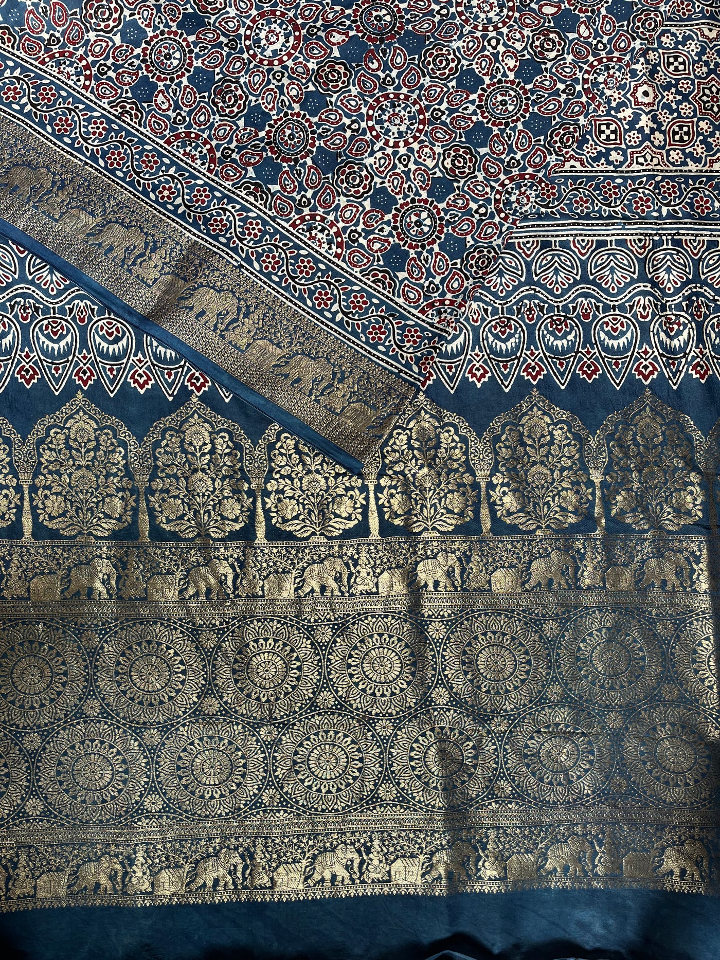 TWINKLE: Handblock Ajrakh Dola Silk Saree with Meenakari Pallu