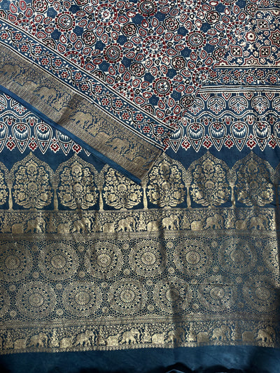 TWINKLE: Handblock Ajrakh Dola Silk Saree with Meenakari Pallu