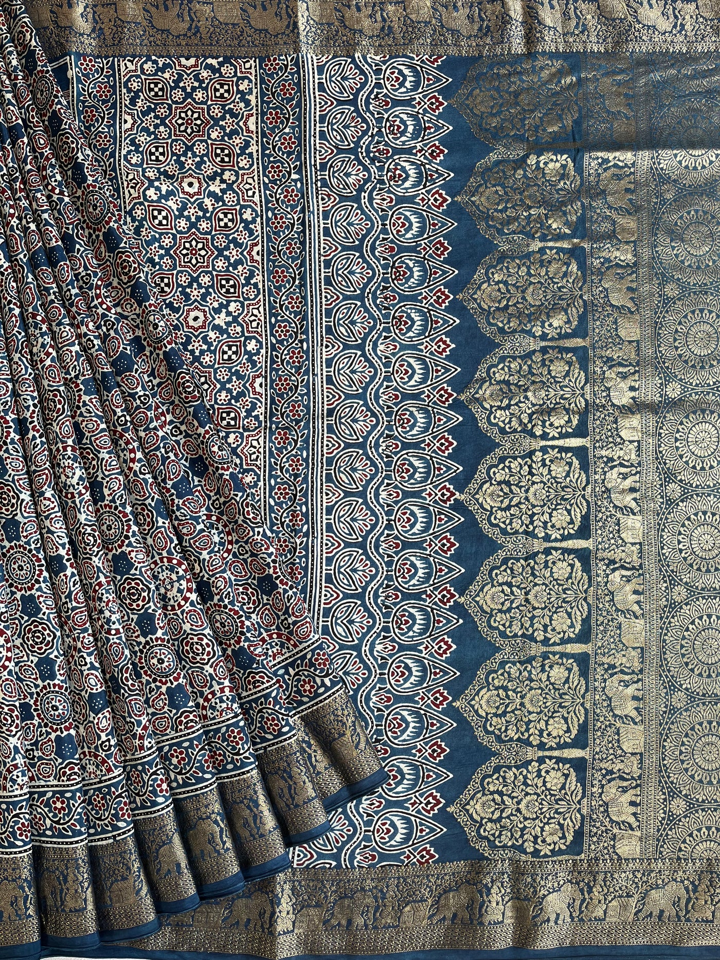 TWINKLE: Handblock Ajrakh Dola Silk Saree with Meenakari Pallu