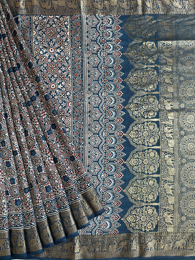 TWINKLE: Handblock Ajrakh Dola Silk Saree with Meenakari Pallu