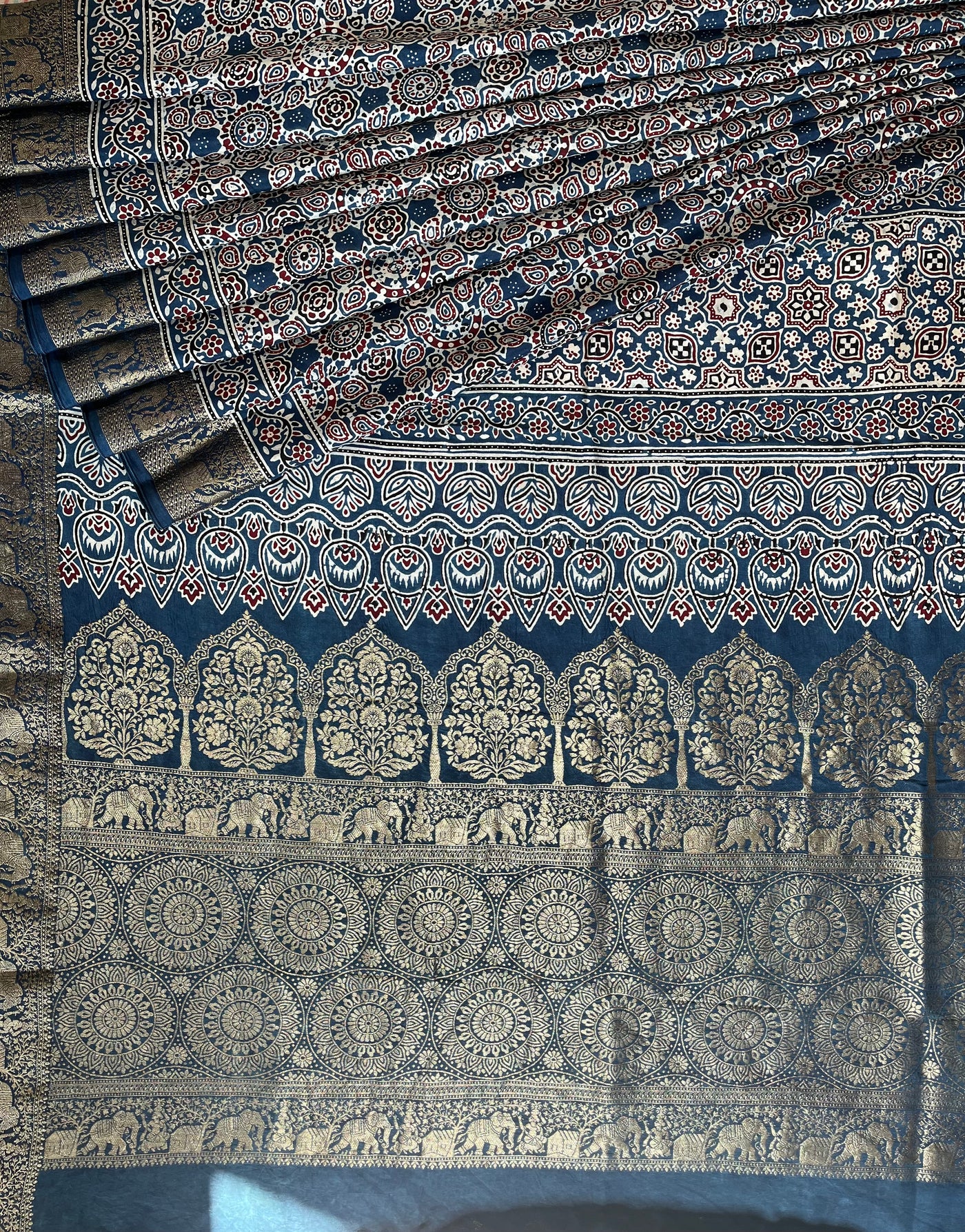 TWINKLE: Handblock Ajrakh Dola Silk Saree with Meenakari Pallu