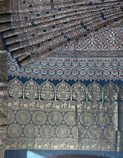 TWINKLE: Handblock Ajrakh Dola Silk Saree with Meenakari Pallu