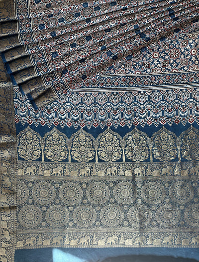 TWINKLE: Handblock Ajrakh Dola Silk Saree with Meenakari Pallu