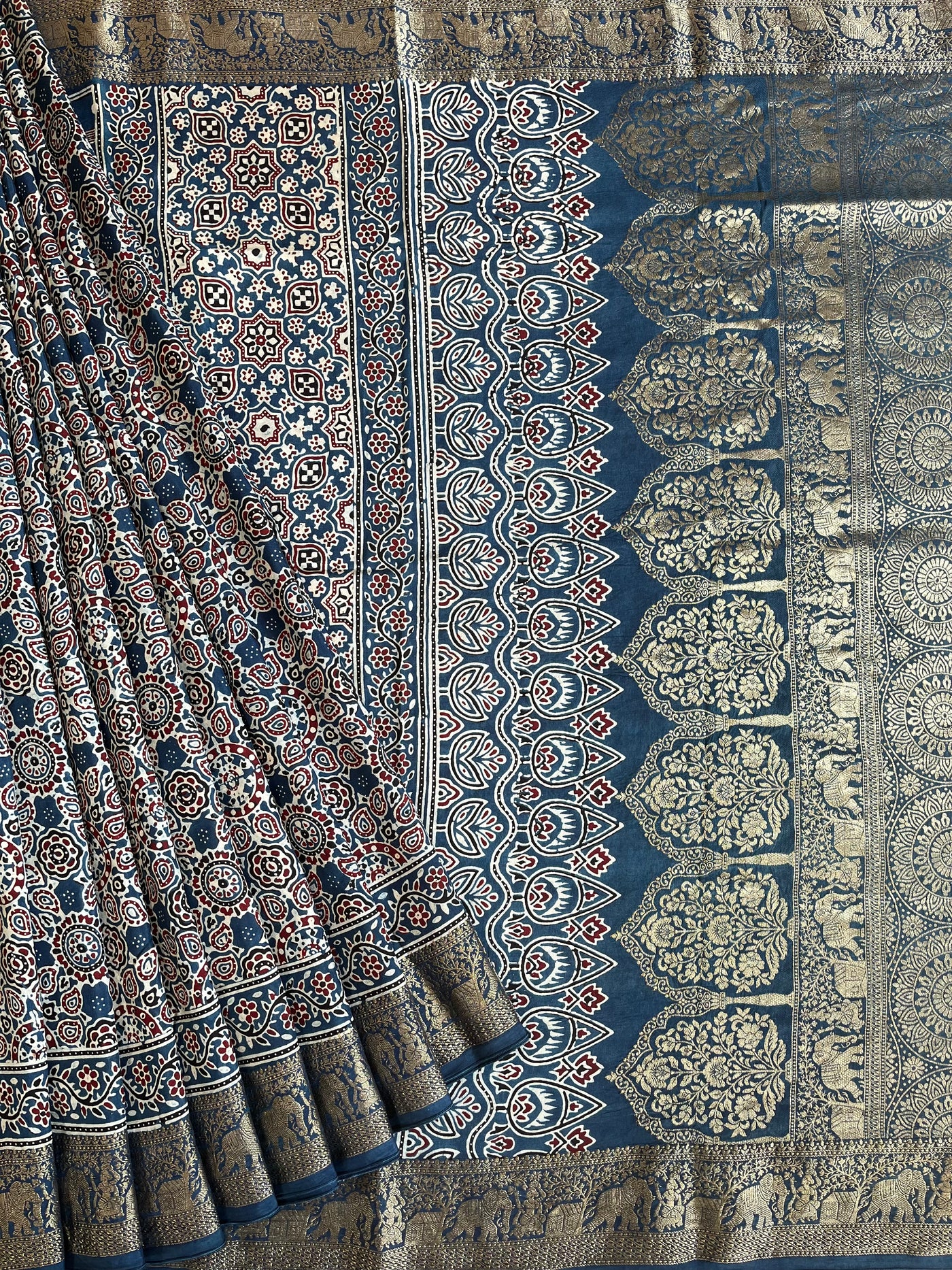 TWINKLE: Handblock Ajrakh Dola Silk Saree with Meenakari Pallu