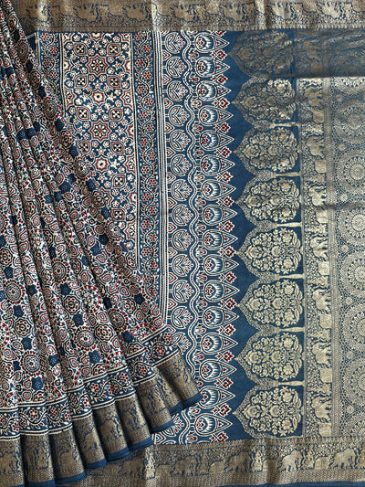 TWINKLE: Handblock Ajrakh Dola Silk Saree with Meenakari Pallu