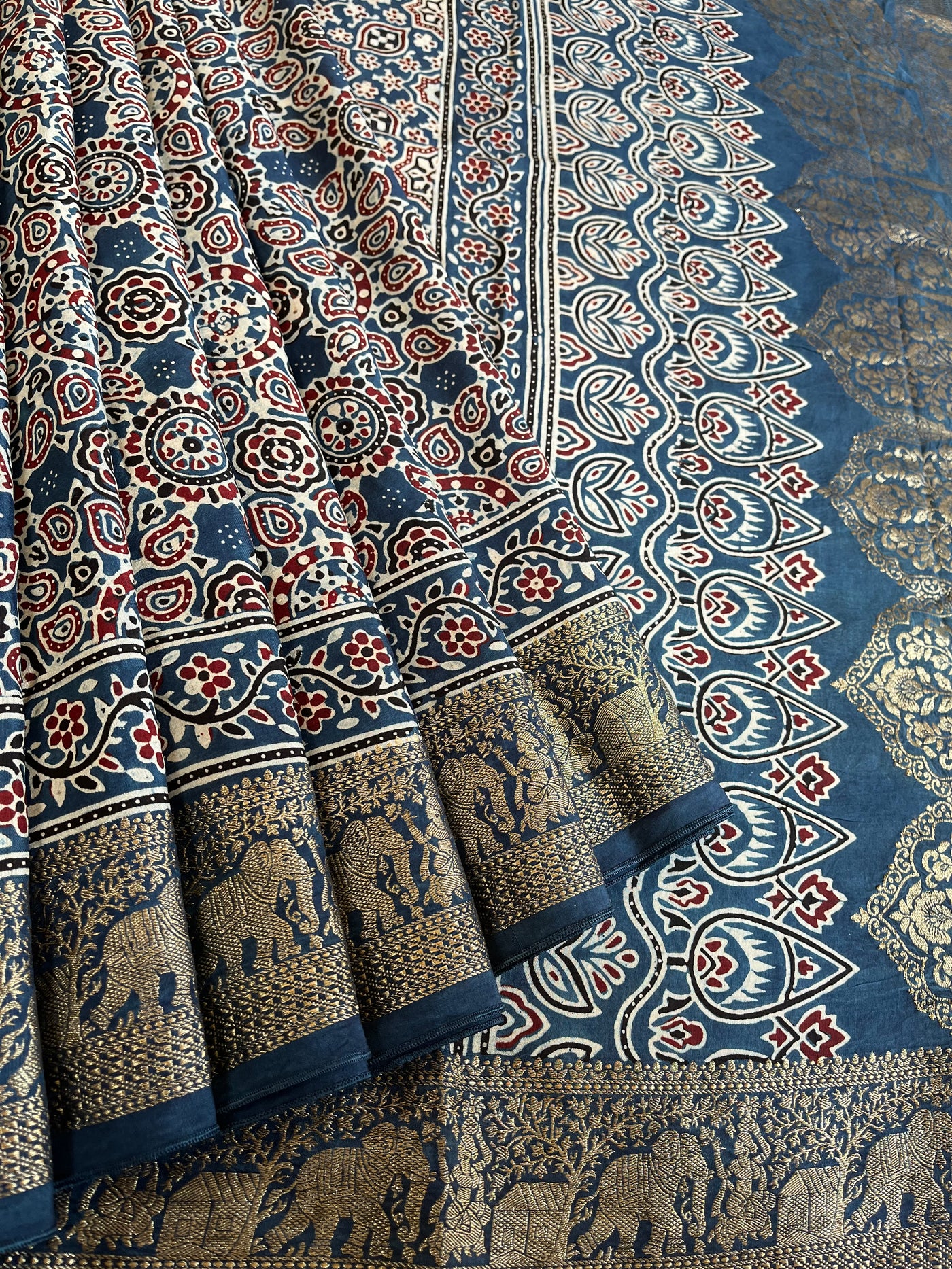 TWINKLE: Handblock Ajrakh Dola Silk Saree with Meenakari Pallu