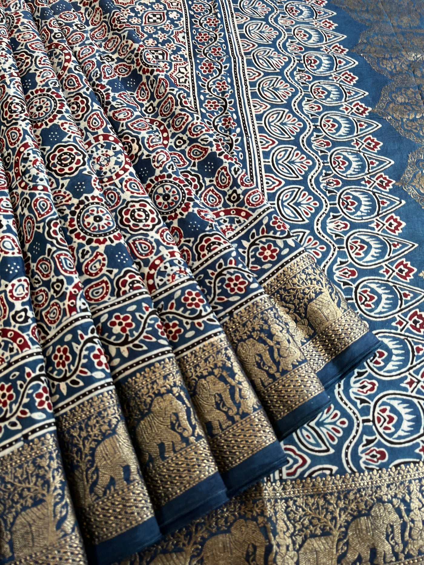 TWINKLE: Handblock Ajrakh Dola Silk Saree with Meenakari Pallu