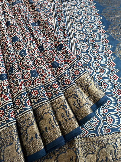 TWINKLE: Handblock Ajrakh Dola Silk Saree with Meenakari Pallu