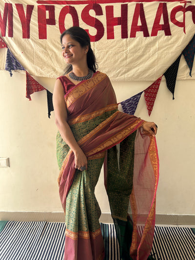 HARIYALI:GREEN, PURE KANCHIPURAM COTTON SAREE WITH JACQUARD WEAVING.