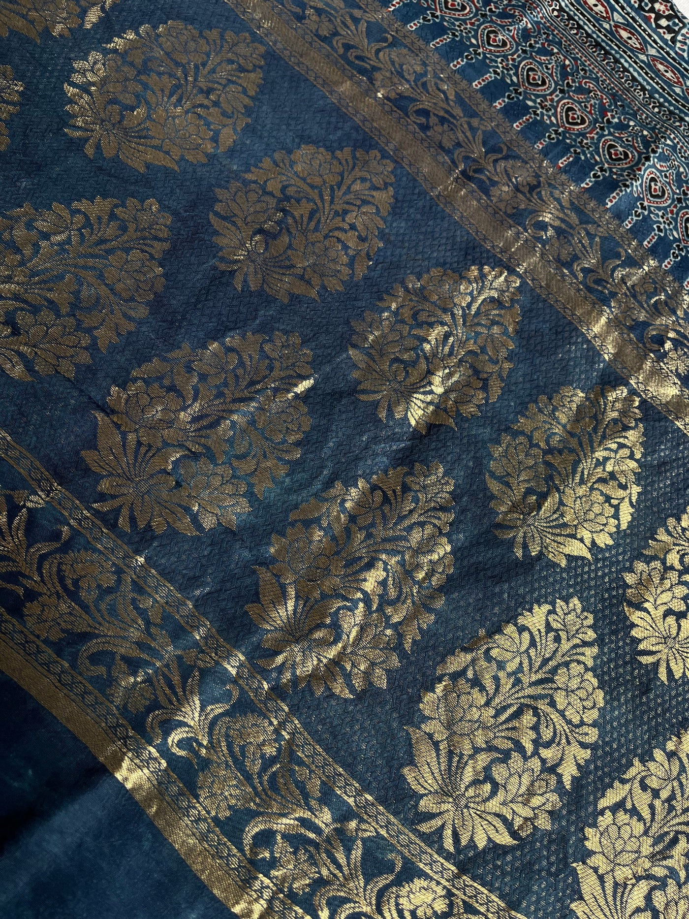 APOORVA: Handblock Ajrakh Dola Silk Saree with Meenakari Pallu
