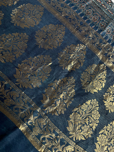APOORVA: Handblock Ajrakh Dola Silk Saree with Meenakari Pallu