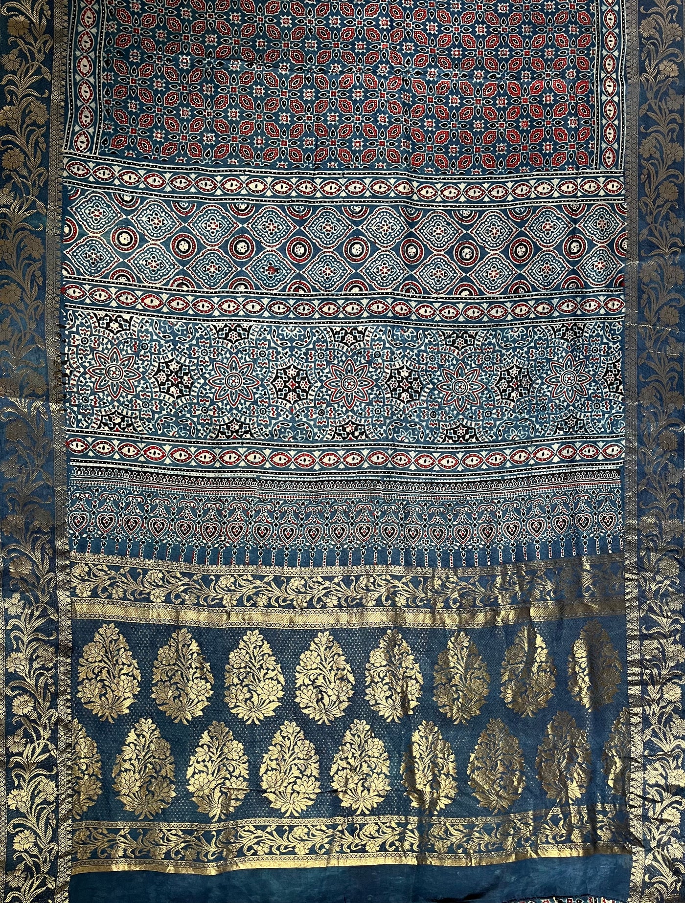 APOORVA: Handblock Ajrakh Dola Silk Saree with Meenakari Pallu