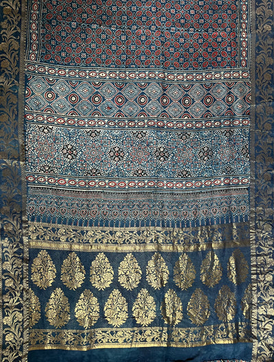 APOORVA: Handblock Ajrakh Dola Silk Saree with Meenakari Pallu