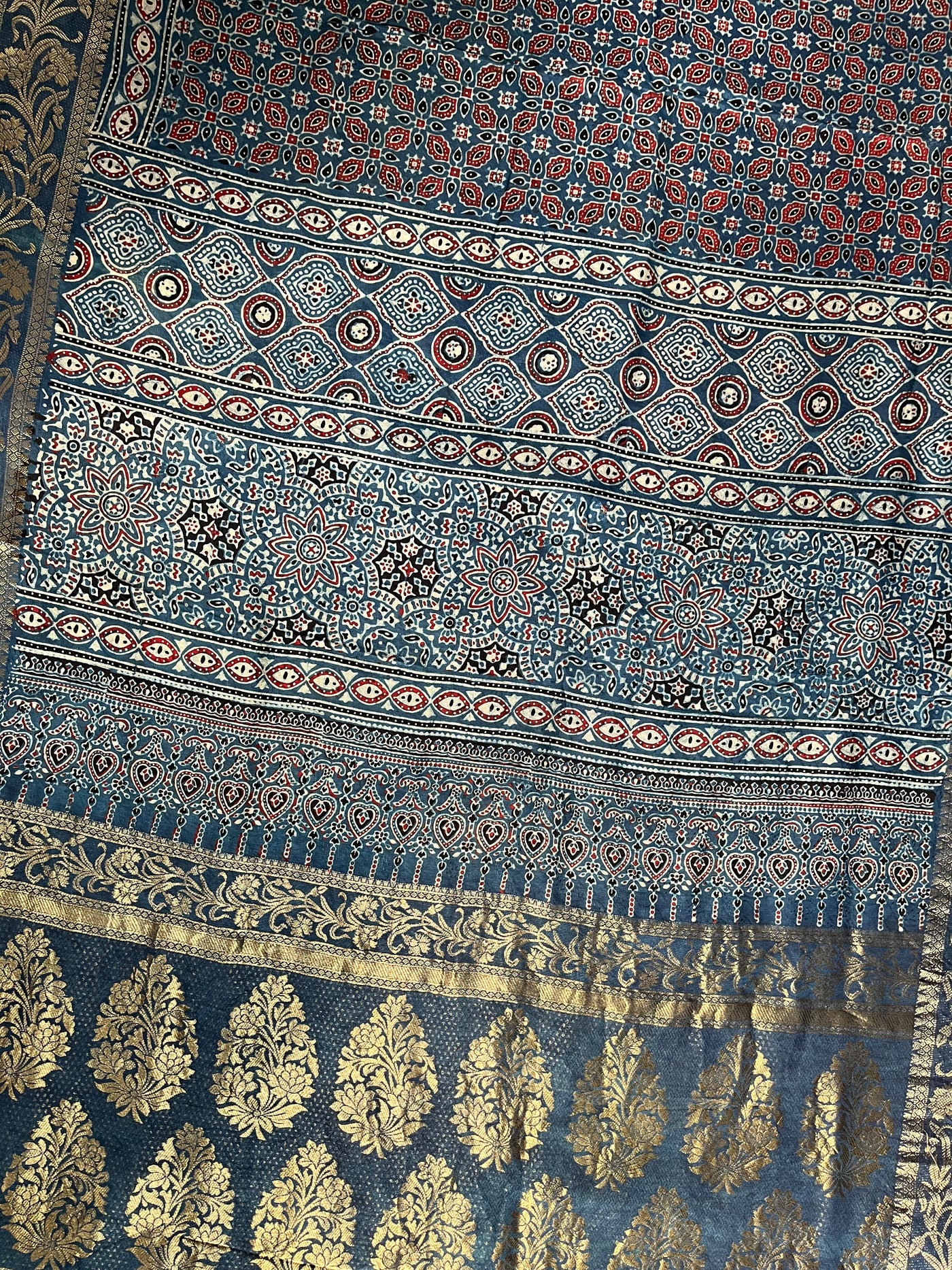 APOORVA: Handblock Ajrakh Dola Silk Saree with Meenakari Pallu