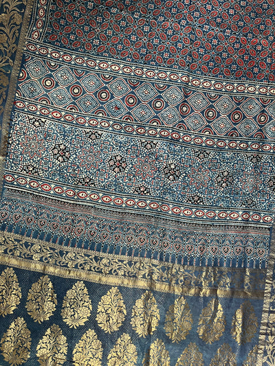 APOORVA: Handblock Ajrakh Dola Silk Saree with Meenakari Pallu