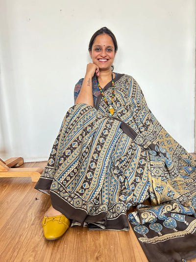 Kavita: Handblock Ajrakh Mulmul Cotton Saree