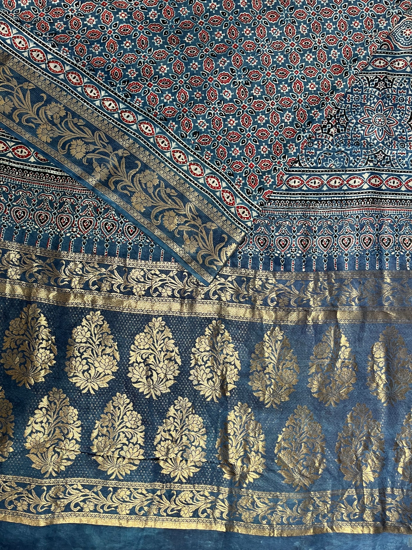 APOORVA: Handblock Ajrakh Dola Silk Saree with Meenakari Pallu