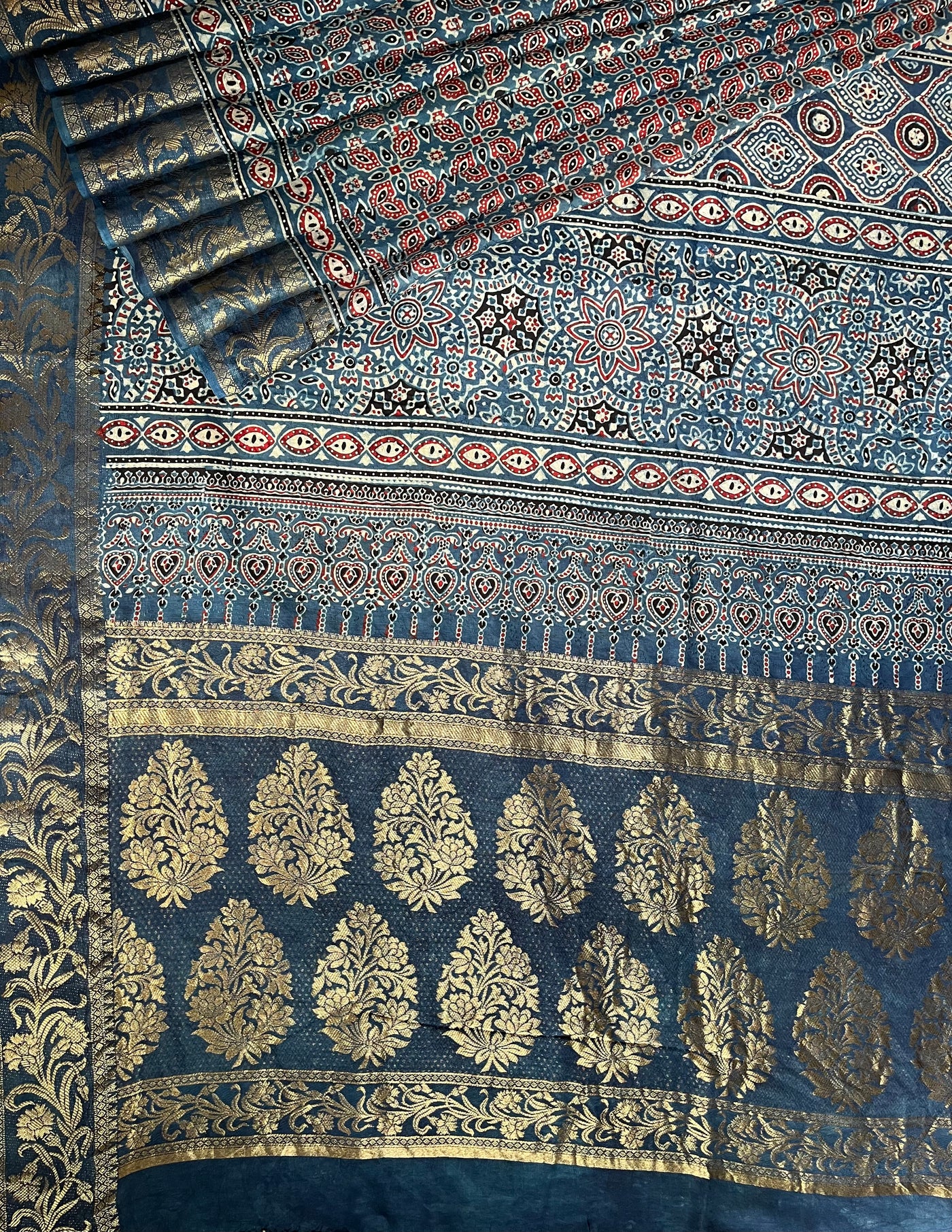 APOORVA: Handblock Ajrakh Dola Silk Saree with Meenakari Pallu