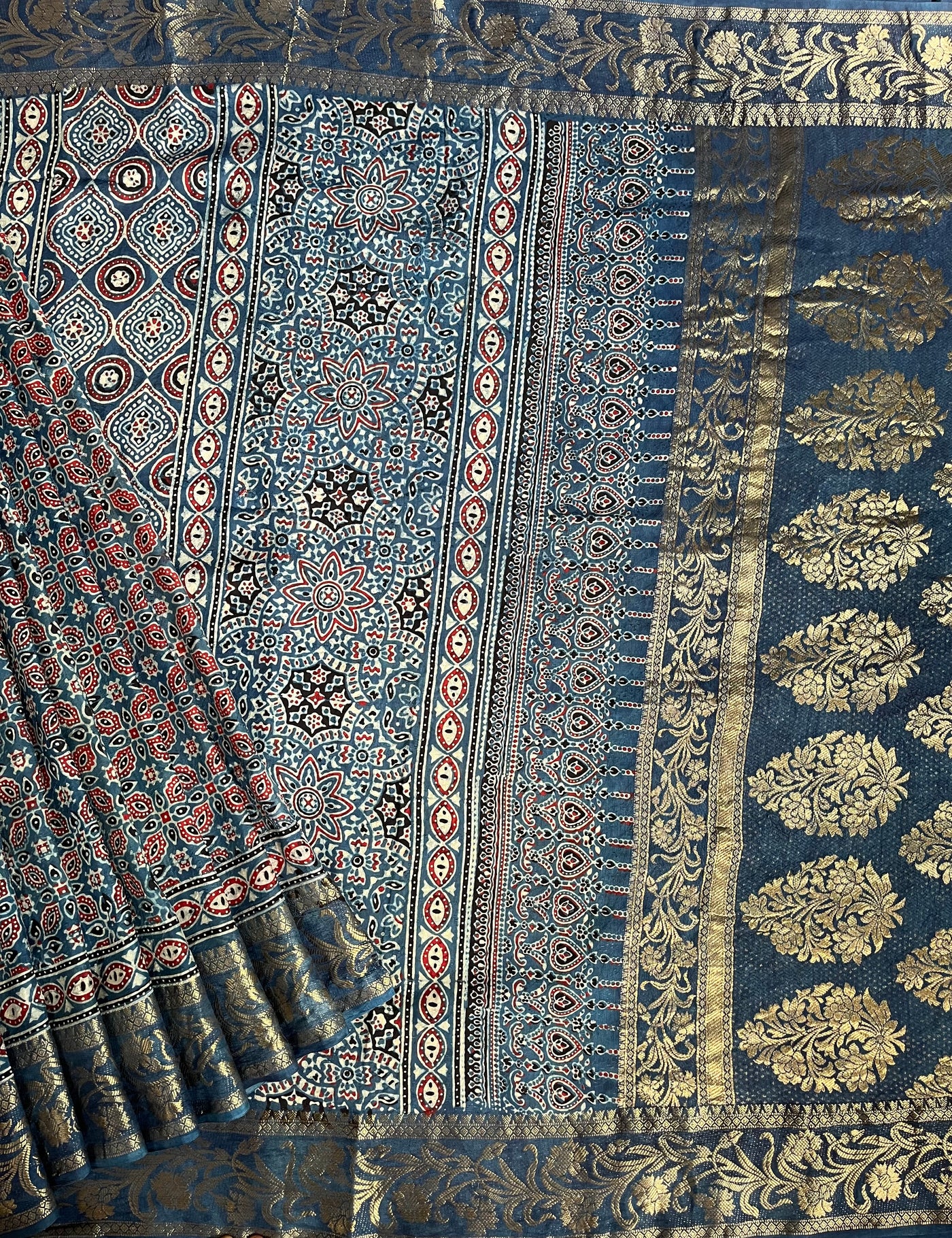 APOORVA: Handblock Ajrakh Dola Silk Saree with Meenakari Pallu