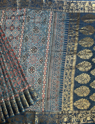 APOORVA: Handblock Ajrakh Dola Silk Saree with Meenakari Pallu