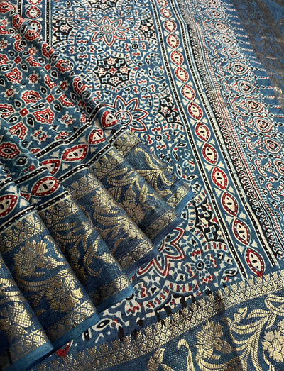 APOORVA: Handblock Ajrakh Dola Silk Saree with Meenakari Pallu