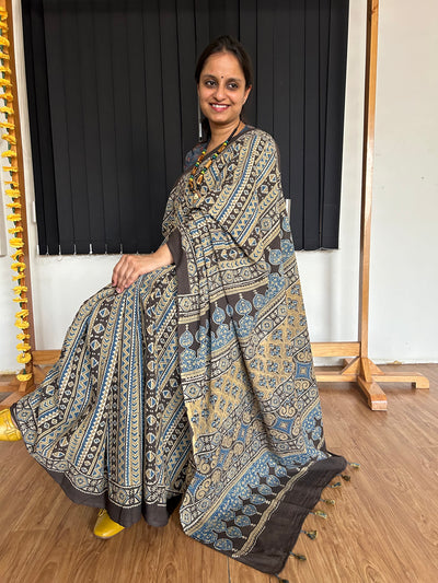 Kavita: Handblock Ajrakh Mulmul Cotton Saree