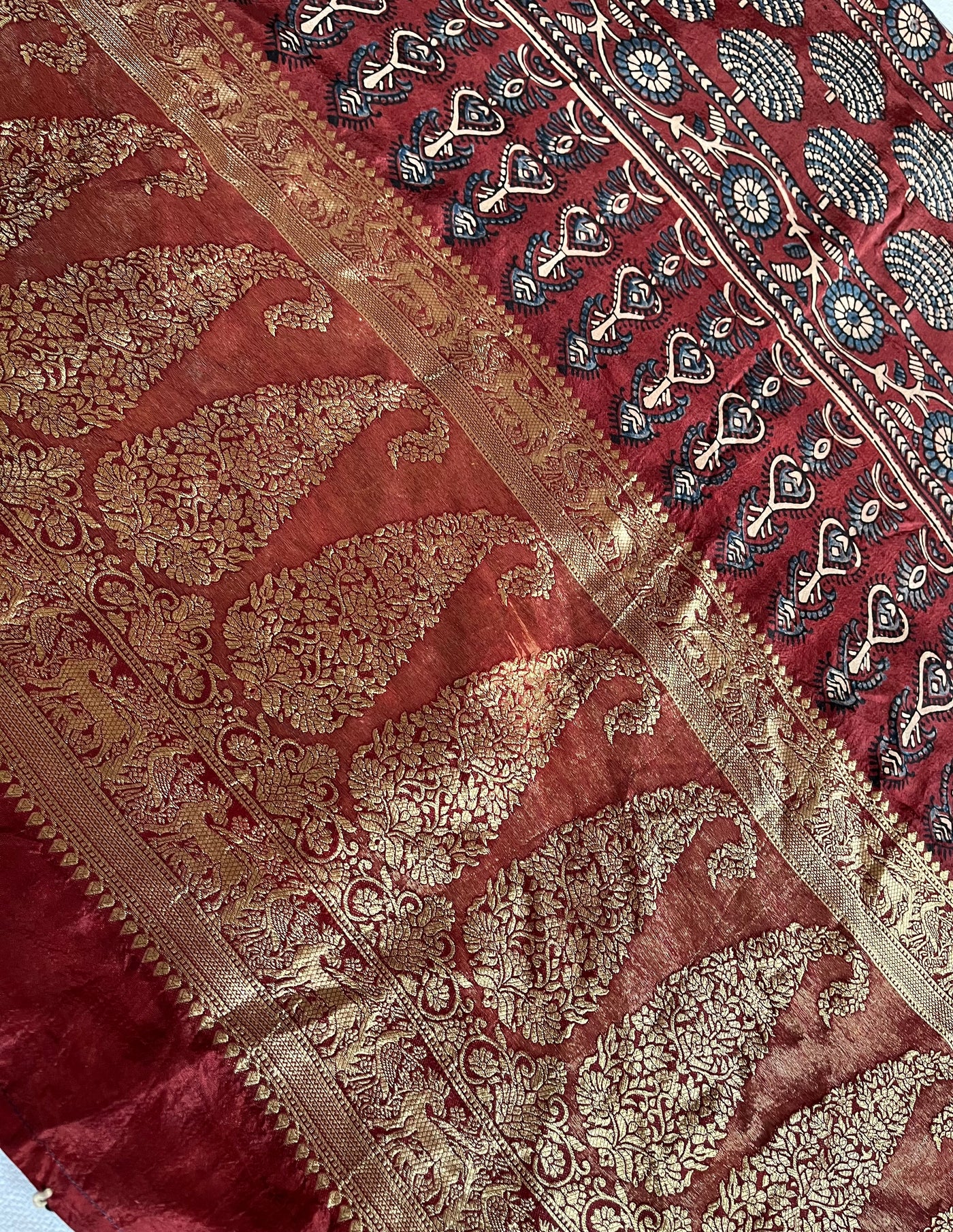 TULSI: Handblock Ajrakh Dola Silk Saree with Meenakari Pallu