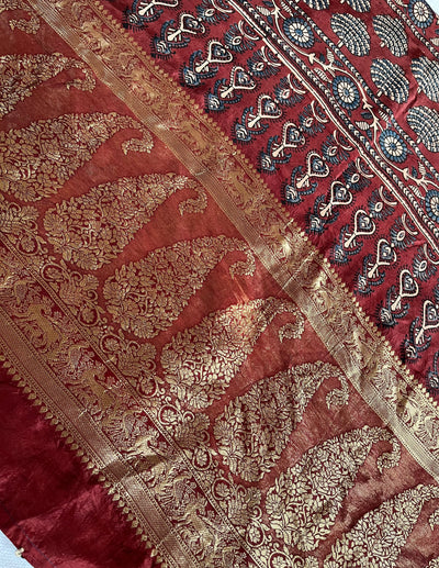 TULSI: Handblock Ajrakh Dola Silk Saree with Meenakari Pallu