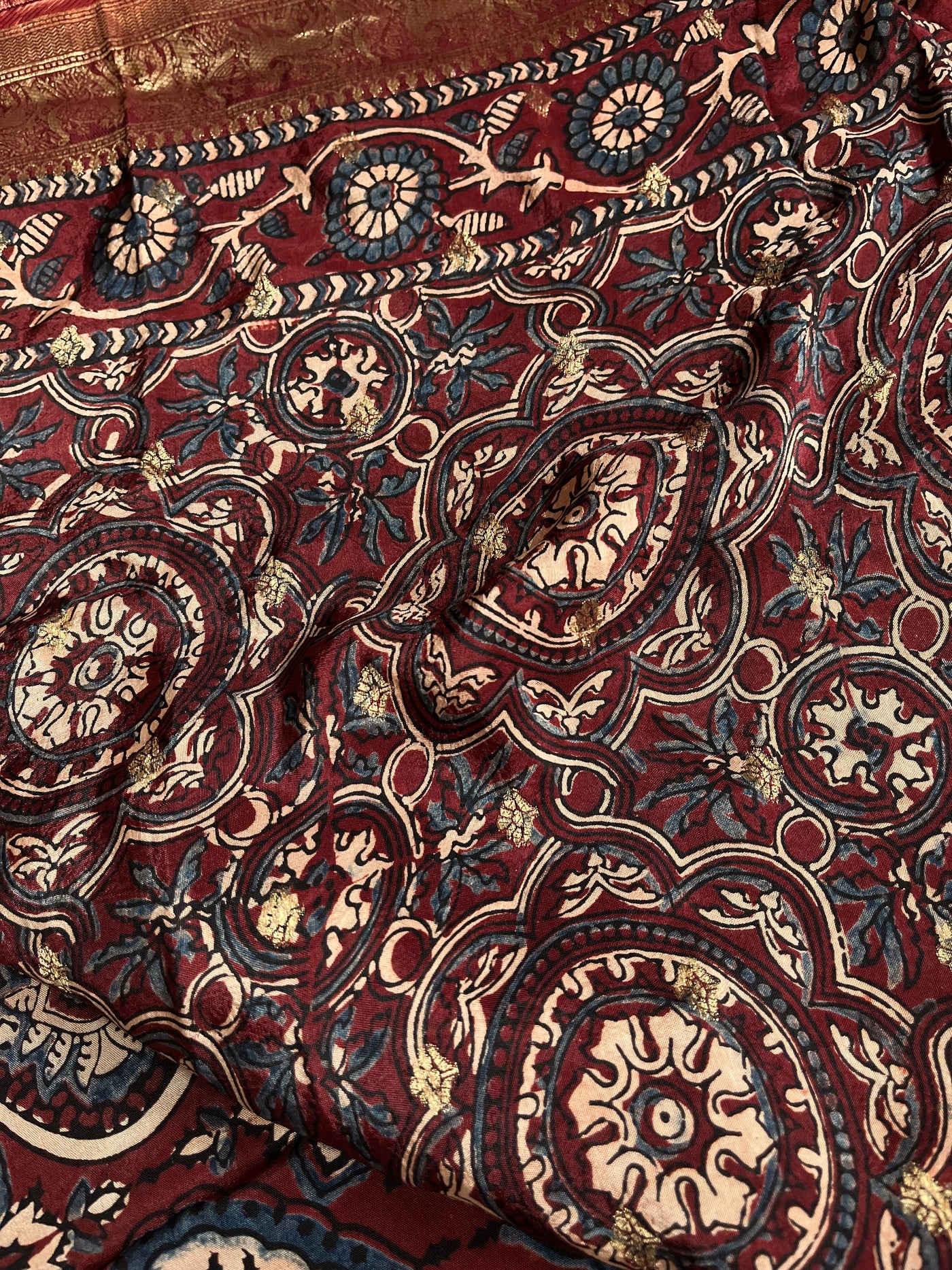 TULSI: Handblock Ajrakh Dola Silk Saree with Meenakari Pallu