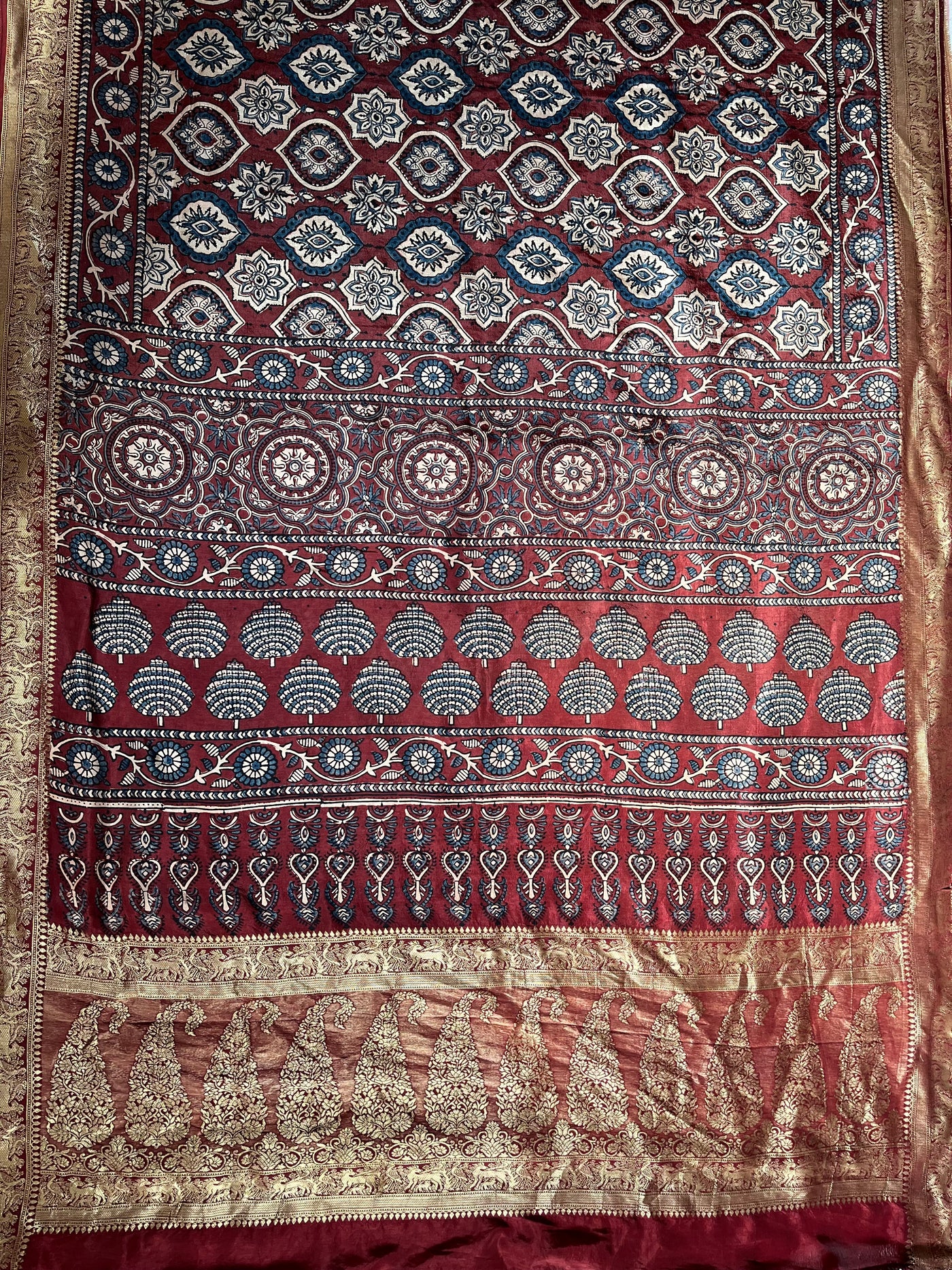 TULSI: Handblock Ajrakh Dola Silk Saree with Meenakari Pallu