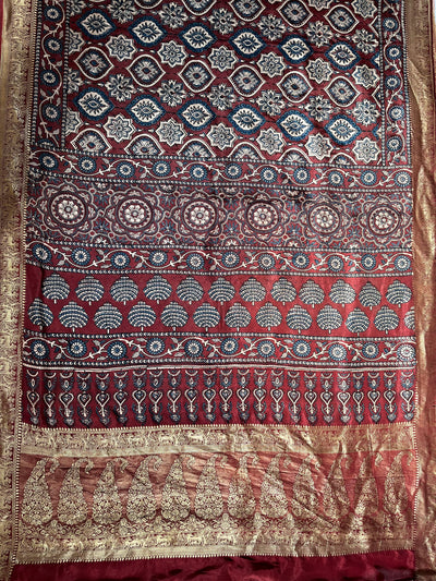 TULSI: Handblock Ajrakh Dola Silk Saree with Meenakari Pallu