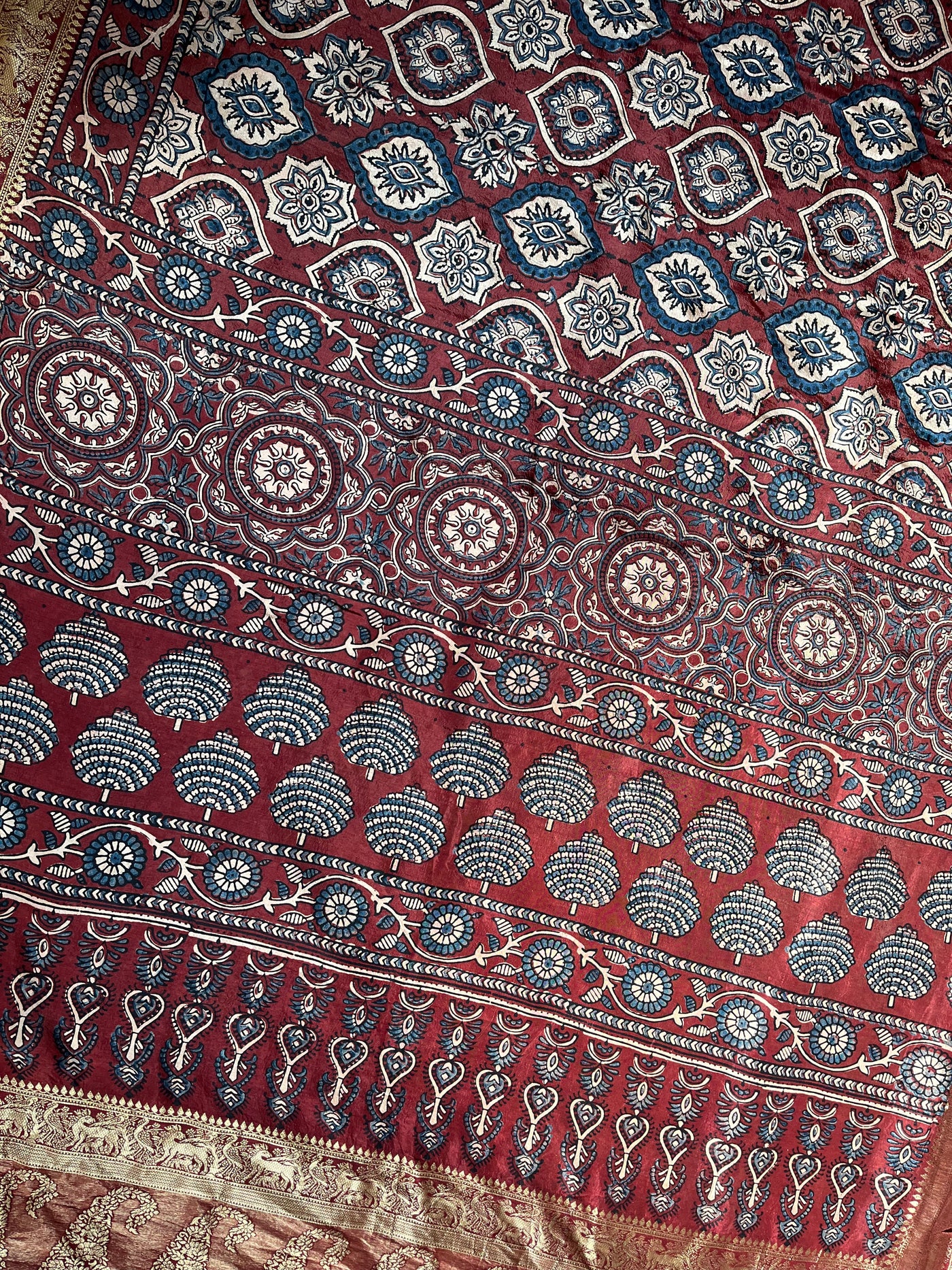 TULSI: Handblock Ajrakh Dola Silk Saree with Meenakari Pallu