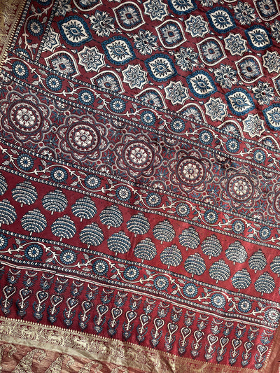 TULSI: Handblock Ajrakh Dola Silk Saree with Meenakari Pallu