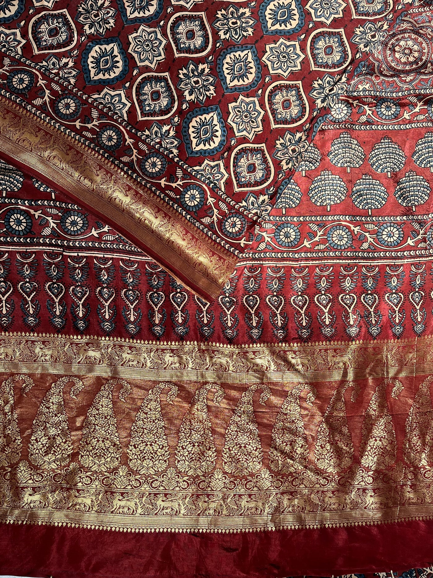 TULSI: Handblock Ajrakh Dola Silk Saree with Meenakari Pallu