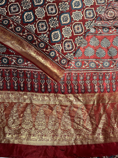 TULSI: Handblock Ajrakh Dola Silk Saree with Meenakari Pallu