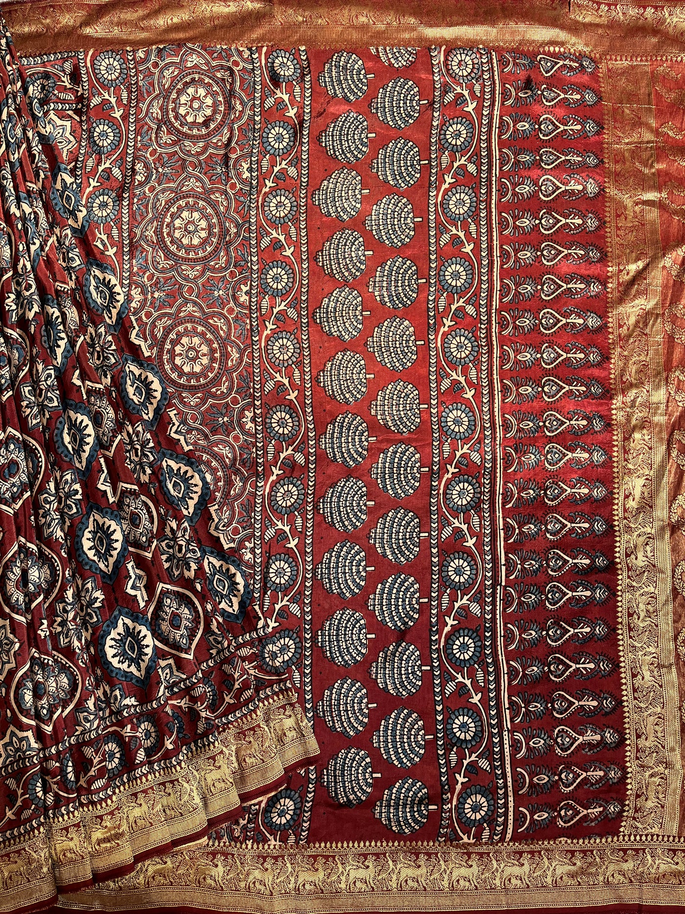 TULSI: Handblock Ajrakh Dola Silk Saree with Meenakari Pallu