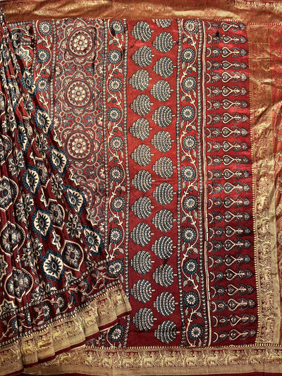 TULSI: Handblock Ajrakh Dola Silk Saree with Meenakari Pallu